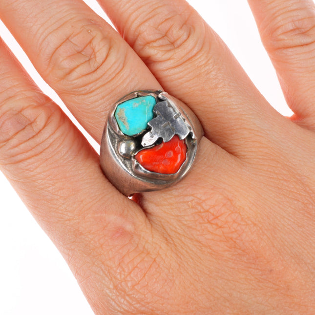 sz11 vintage Navajo sterling silver turquoise and coral feather center ring