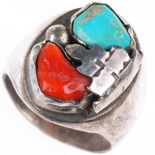 sz11 vintage Navajo sterling silver turquoise and coral feather center ring