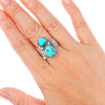 sz8 vintage EL Navajo sterling silver stamped sides 2 stone turquoise ring