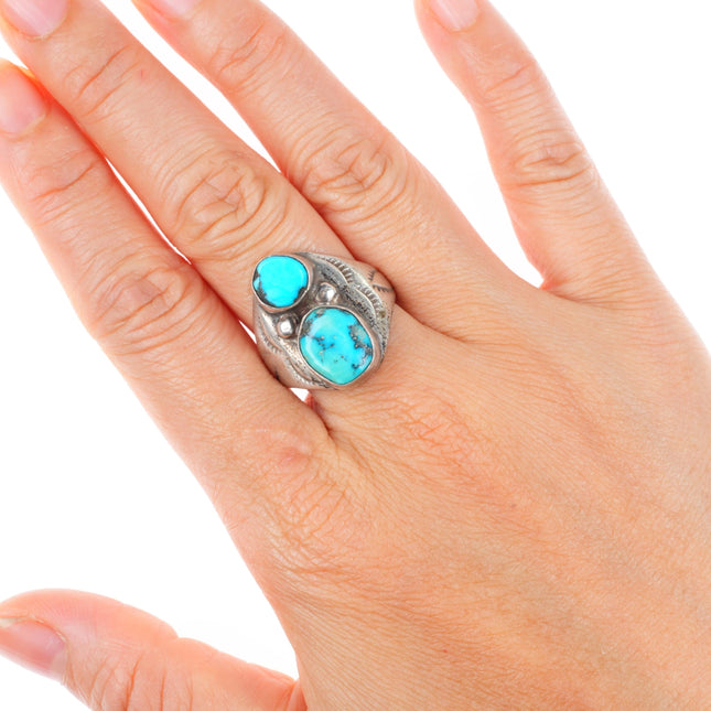 sz8 vintage EL Navajo sterling silver stamped sides 2 stone turquoise ring
