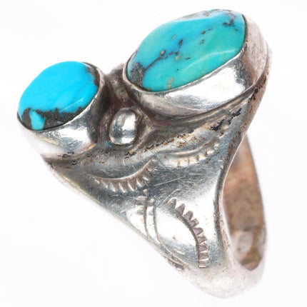 sz8 vintage EL Navajo sterling silver stamped sides 2 stone turquoise ring