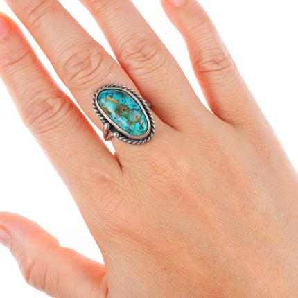 sz7 vintage Navajo sterling silver rope bezel ring with nice turquoise