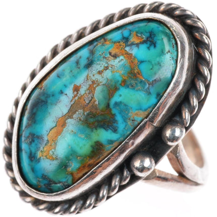 sz7 vintage Navajo sterling silver rope bezel ring with nice turquoise