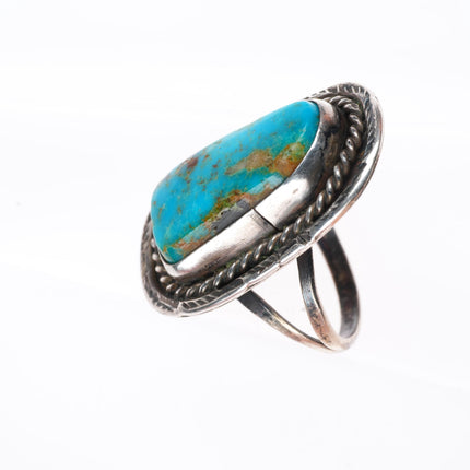 sz7.5 vintage Navajo sterling silver long ring with nice turquoise rope bezel