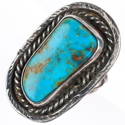 sz7.5 vintage Navajo sterling silver long ring with nice turquoise rope bezel