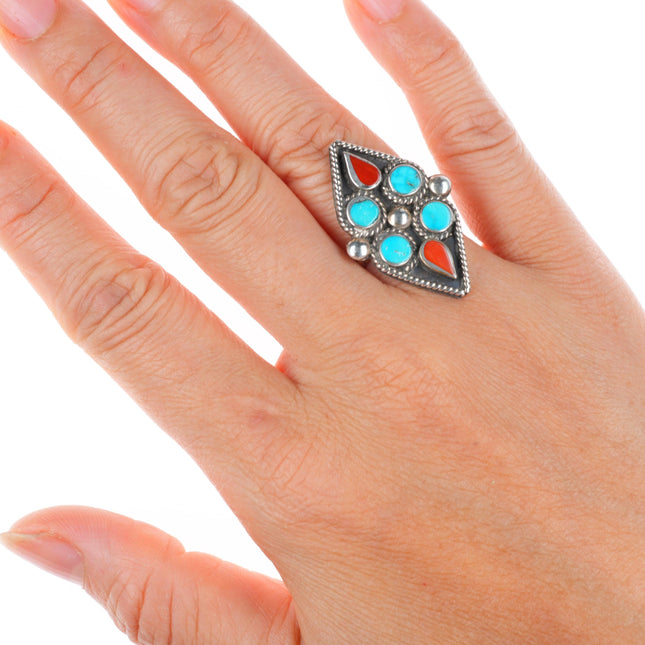 sz5.5 vintage Zuni sterling silver flush inlay turquoise and coral ring