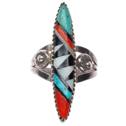 sz7 vintage Zuni sterling silver high grade intarsia inlay long ring
