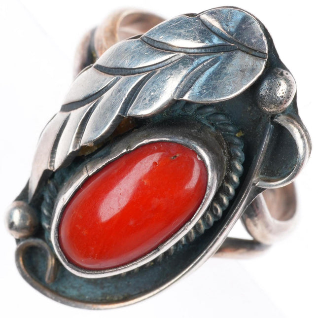 sz8 vintage Navajo sterling silver Mediterranean coral feather ring
