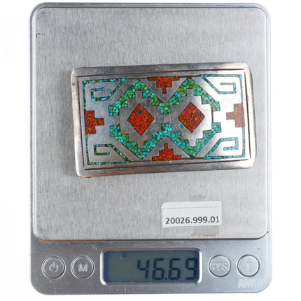Vintage Tommy Singer Navajo chip inlay sterling silver buckle for 1.5" belt