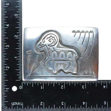 Marcus Coochwykvia hopi overlay bighorn sheep sterling silver buckle for 2" belt
