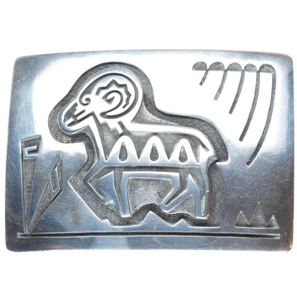 Marcus Coochwykvia hopi overlay bighorn sheep sterling silver buckle for 2" belt