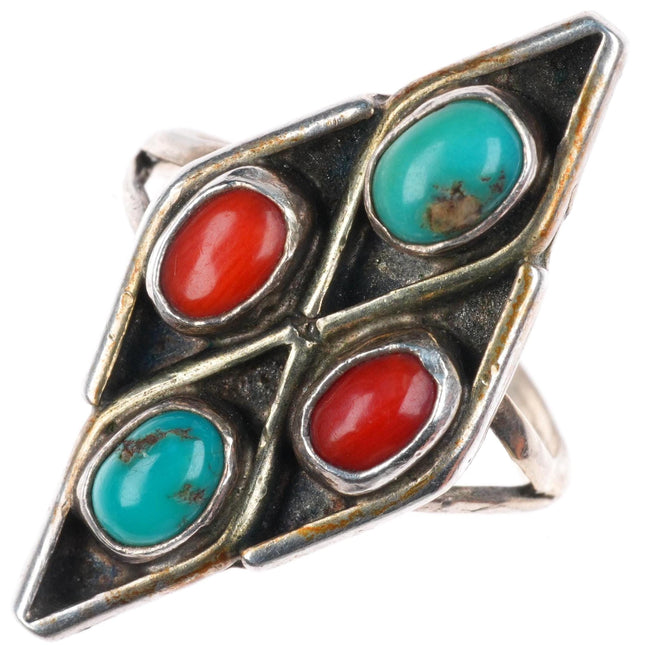 sz7 vintage Navajo sterling silver coral and nice turquoise 4 stone ring