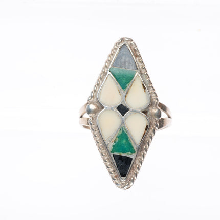sz8.75 vintage Zuni sterling silver, turquoise, jet, shell inlay ring