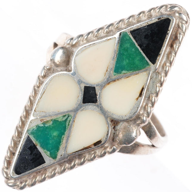 sz8.75 vintage Zuni sterling silver, turquoise, jet, shell inlay ring