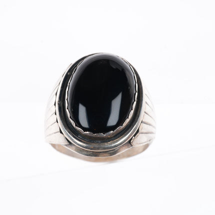 sz12 vintage Navajo sterling silver onyx feather sides size 12 men's ring