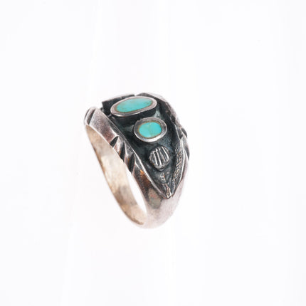 sz7 vintage Navajo sterling silver flush inlay turquoise row ring