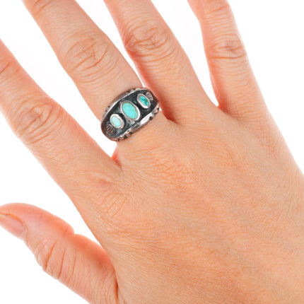 sz7 vintage Navajo sterling silver flush inlay turquoise row ring