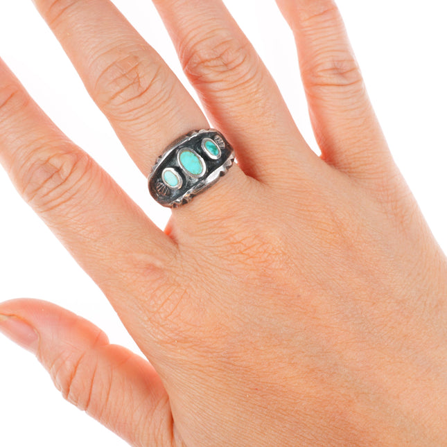 sz7 vintage Navajo sterling silver flush inlay turquoise row ring