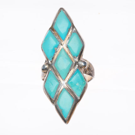 sz7 vintage Zuni sterling silver diamond inlay carved turquoise ring