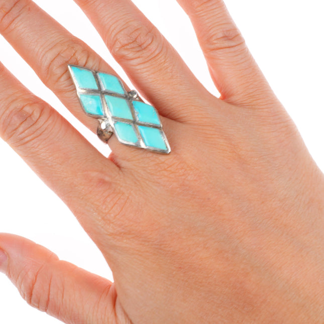 sz7 vintage Zuni sterling silver diamond inlay carved turquoise ring