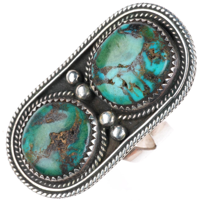 sz10 vintage Navajo sterling silver large 2 stone ring with nice turquoise