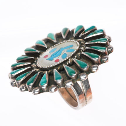 sz8 large vintage Zuni sterling silver turquoise cluster border bluebird ring