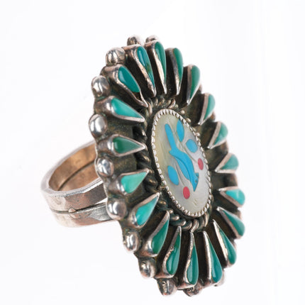 sz8 large vintage Zuni sterling silver turquoise cluster border bluebird ring