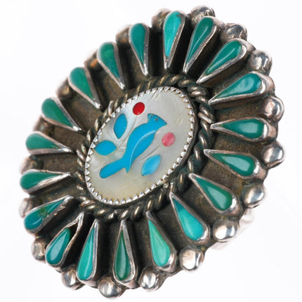 sz8 large vintage Zuni sterling silver turquoise cluster border bluebird ring
