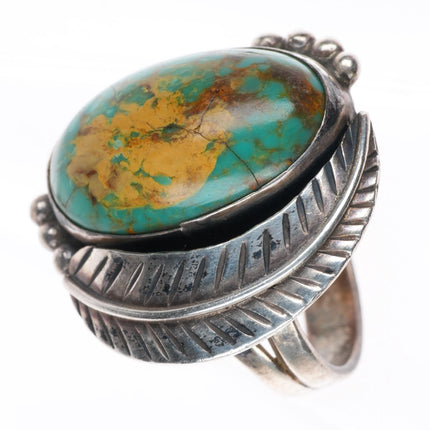 sz7.5 vintage Navajo sterling silver green turquoise feather applied ring