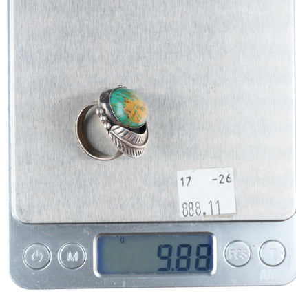 sz7.5 vintage Navajo sterling silver green turquoise feather applied ring