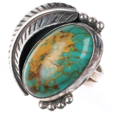 sz7.5 vintage Navajo sterling silver green turquoise feather applied ring