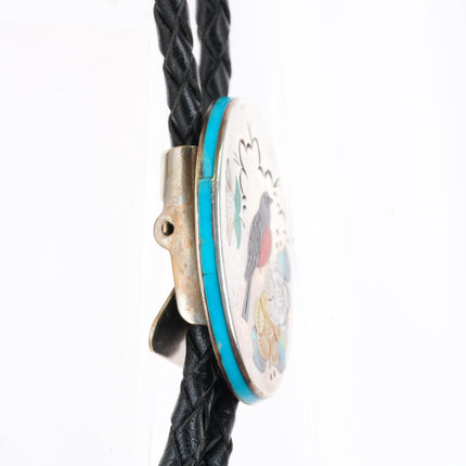 Ophie B Joe Navajo sterling silver Robin turquoise/coral inlay bolo tie