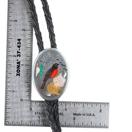 Ophie B Joe Navajo sterling silver Robin turquoise/coral inlay bolo tie