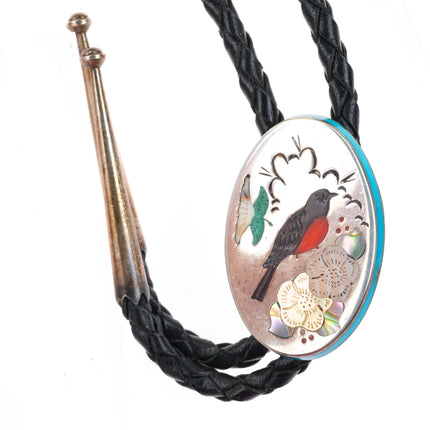 Ophie B Joe Navajo sterling silver Robin turquoise/coral inlay bolo tie