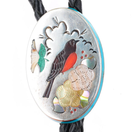 Ophie B Joe Navajo sterling silver Robin turquoise/coral inlay bolo tie