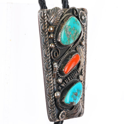 c1960 c-31 Monroe Ashley Navajo sterling silver turquoise and coral bolo tie