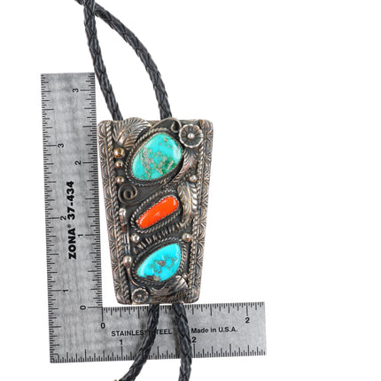 c1960 c-31 Monroe Ashley Navajo sterling silver turquoise and coral bolo tie