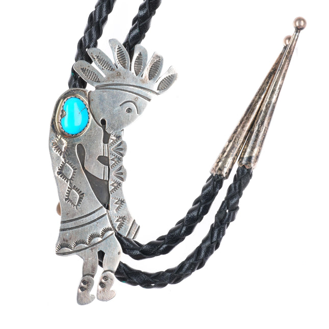 Vintage Navajo sterling silver stamped Kokopelli bolo tie with turquoise