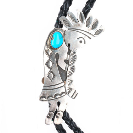 Vintage Navajo sterling silver stamped Kokopelli bolo tie with turquoise