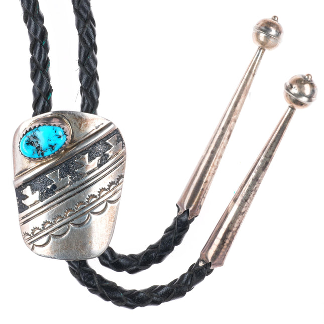 Vintage nw Navajo sterling silver turquoise bolo tie with stamped/overlay design