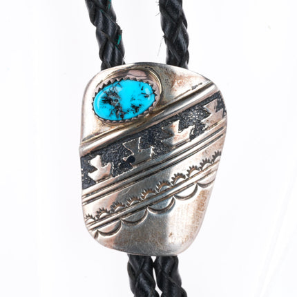Vintage nw Navajo sterling silver turquoise bolo tie with stamped/overlay design
