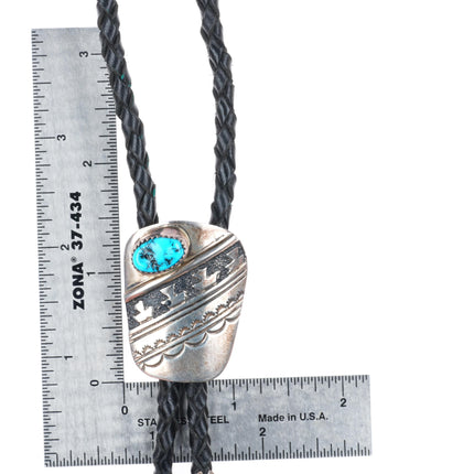 Vintage nw Navajo sterling silver turquoise bolo tie with stamped/overlay design