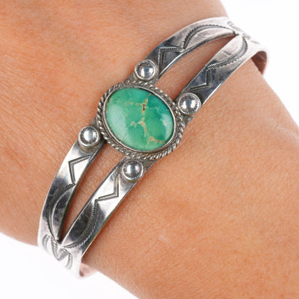 7" 1940's Navajo stamped sterling silver green turquoise cuff bracelet
