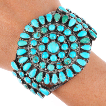 6.4" c1940's Zuni Natural turquoise cluster sterling silver cuff bracelet