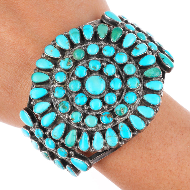 6.4" c1940's Zuni Natural turquoise cluster sterling silver cuff bracelet