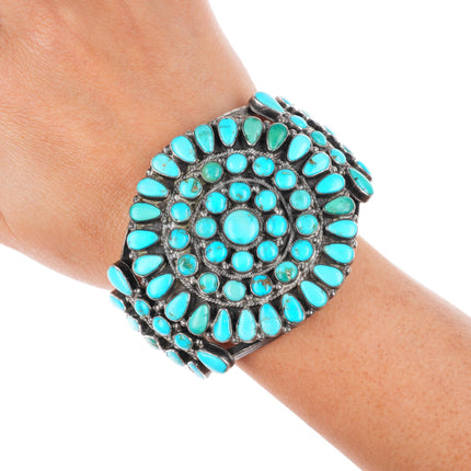 6.4" c1940's Zuni Natural turquoise cluster sterling silver cuff bracelet