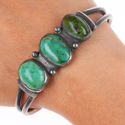 6.75" 1920-30's Navajo ingot silver 3 stone green turquoise row cuff bracelet