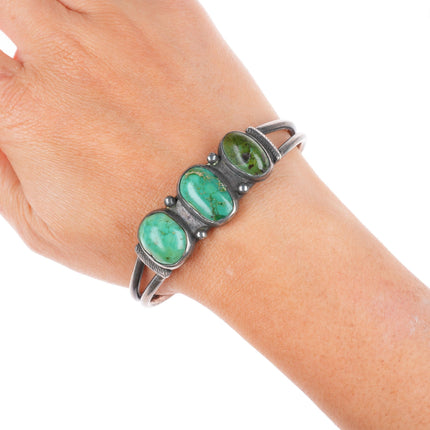 6.75" 1920-30's Navajo ingot silver 3 stone green turquoise row cuff bracelet