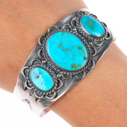 6.75" c1950 Navajo Blue Gem Turquoise sterling silver cuff bracelet