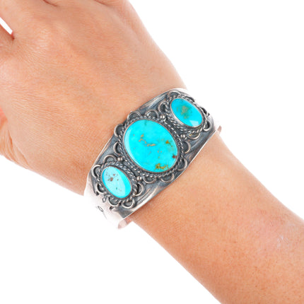 6.75" c1950 Navajo Blue Gem Turquoise sterling silver cuff bracelet
